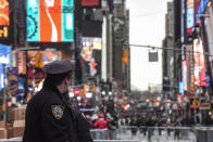 <p>Members of the New York City police department patrol in Times Square ahead of the New Year’s Eve celebration on December 31, 2017 in New York City. (Photo: Stephanie Keith/Getty Images) </p>