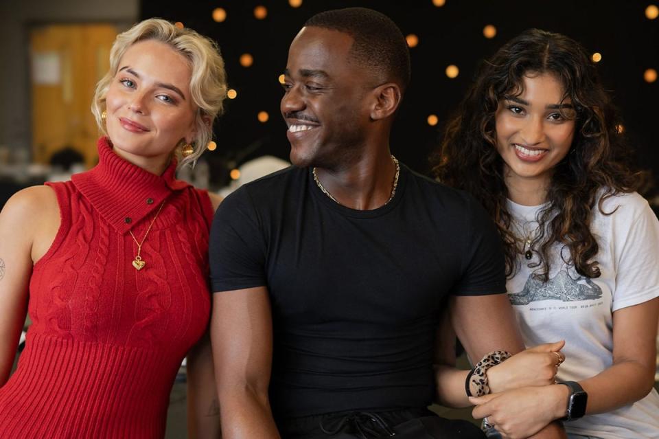 Millie Gibson, Ncuti Gatwa and Varada Sethu pictured at a table read for Season 15 (BBC)