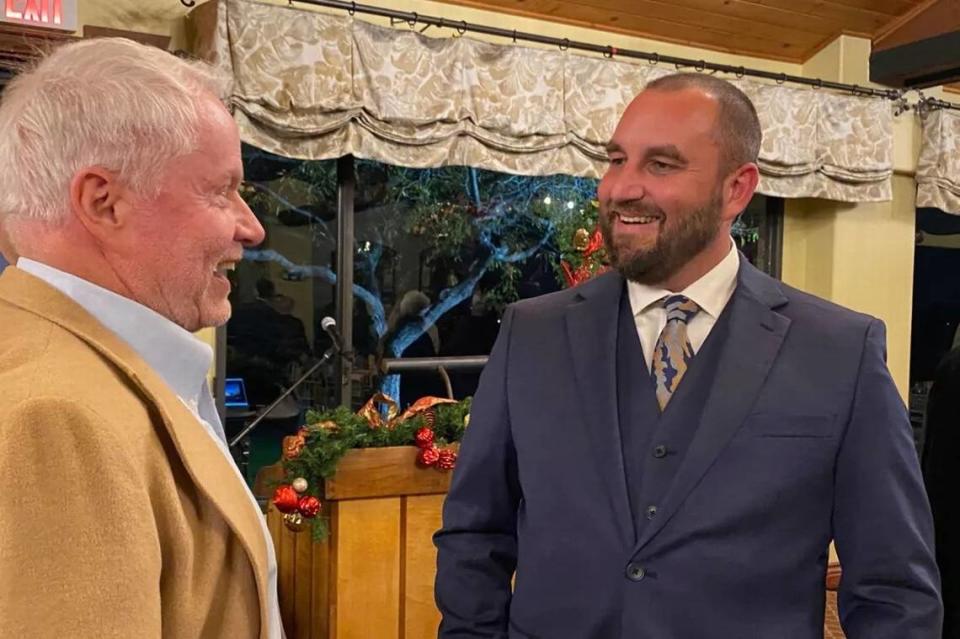 Nate Janzen, right, from SpaceX speaks to Jim Bray after his presentation to the Economic Alliance Foundation last week in Santa Maria.