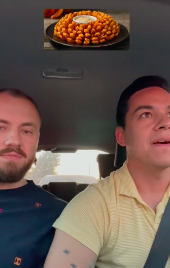 they are in the car with a bloomin onion super imposed on their heads