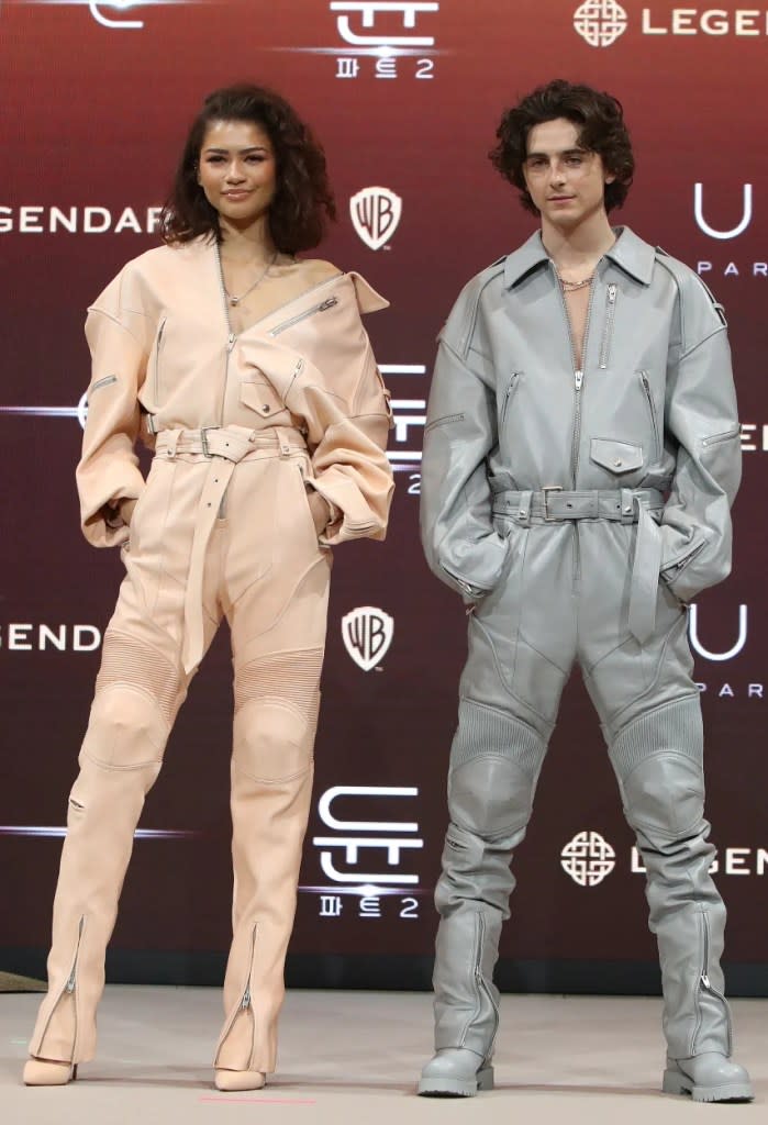 Zendaya and Timothée Chalamet twin at the press conference for "Dune: Part Two" in Seoul, South Korea