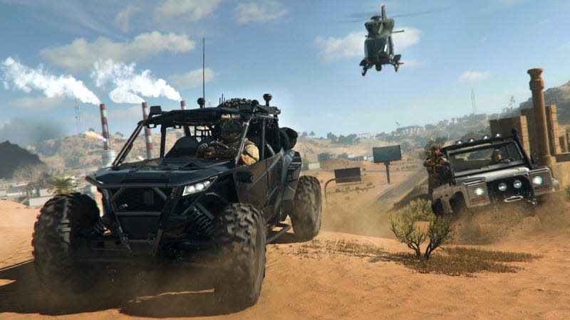 A buggy, chopper, and jeep race across a battlefield.