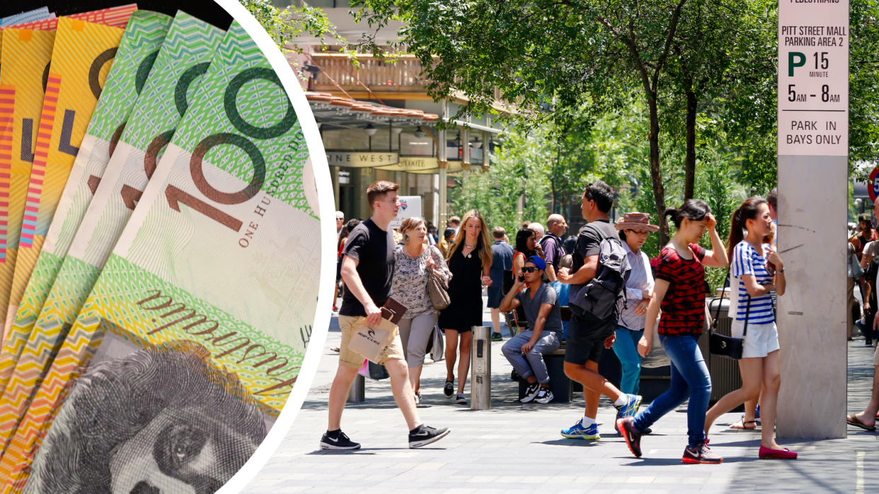 A composite image of Australian money and a crowd of people walking in the Sydney CBD.