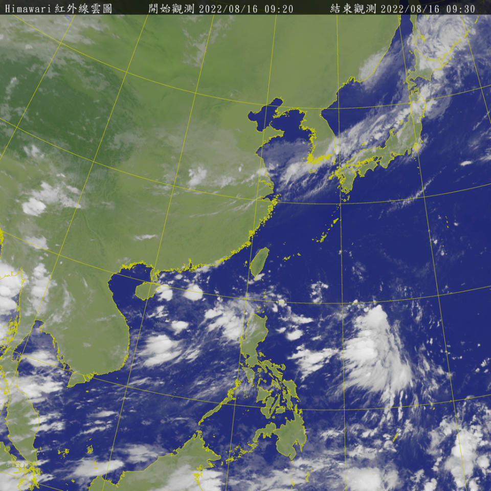 今年至今無颱風侵襲台灣，氣象專家賈欣興表示今年成為史上最晚首颱風警報坐二望一。圖為衛星雲圖。(翻攝自氣象局)