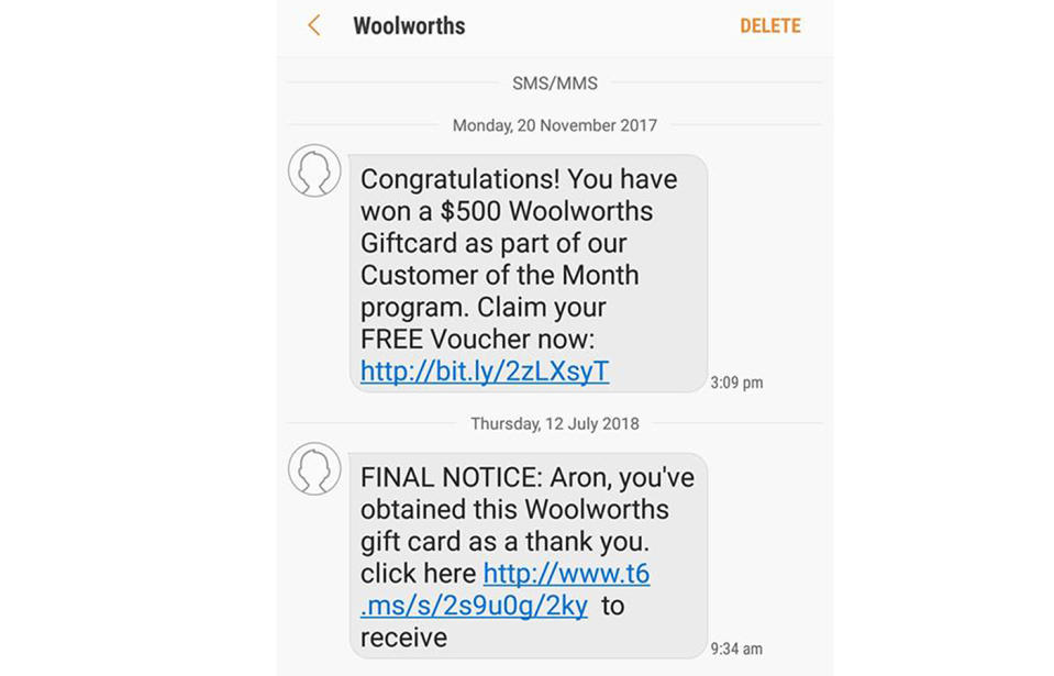 This person received a second message urging him to claim his $500 prize, months after the first one was sent. Source: Aron Mcmaster / Facebook