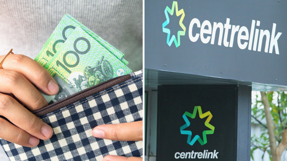 female hands putting Australian $100 notes into purse, Centrelink branch logo. 