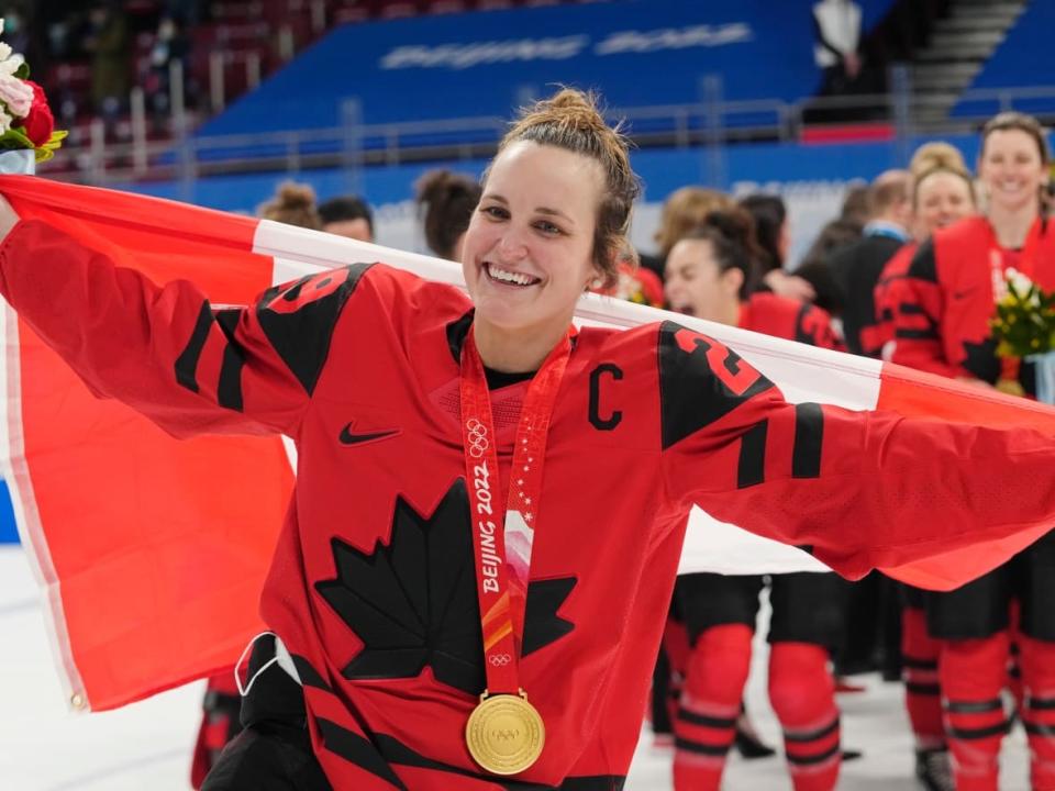 Marie-Philip Poulin, seen above celebrating Canada's gold-medal victory at the Olympics, was named the Norther Star Award winner as Canada's top athlete of 2022 on Wednesday. (Ryan Remiorz/The Canadian Press - image credit)