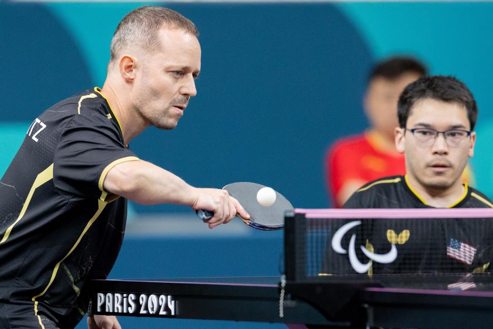 Tahl Leibovitz competes during the men's doubles para table tennis MD18 Round of 32 at the 2024 Paralympic Summer Games in Paris.