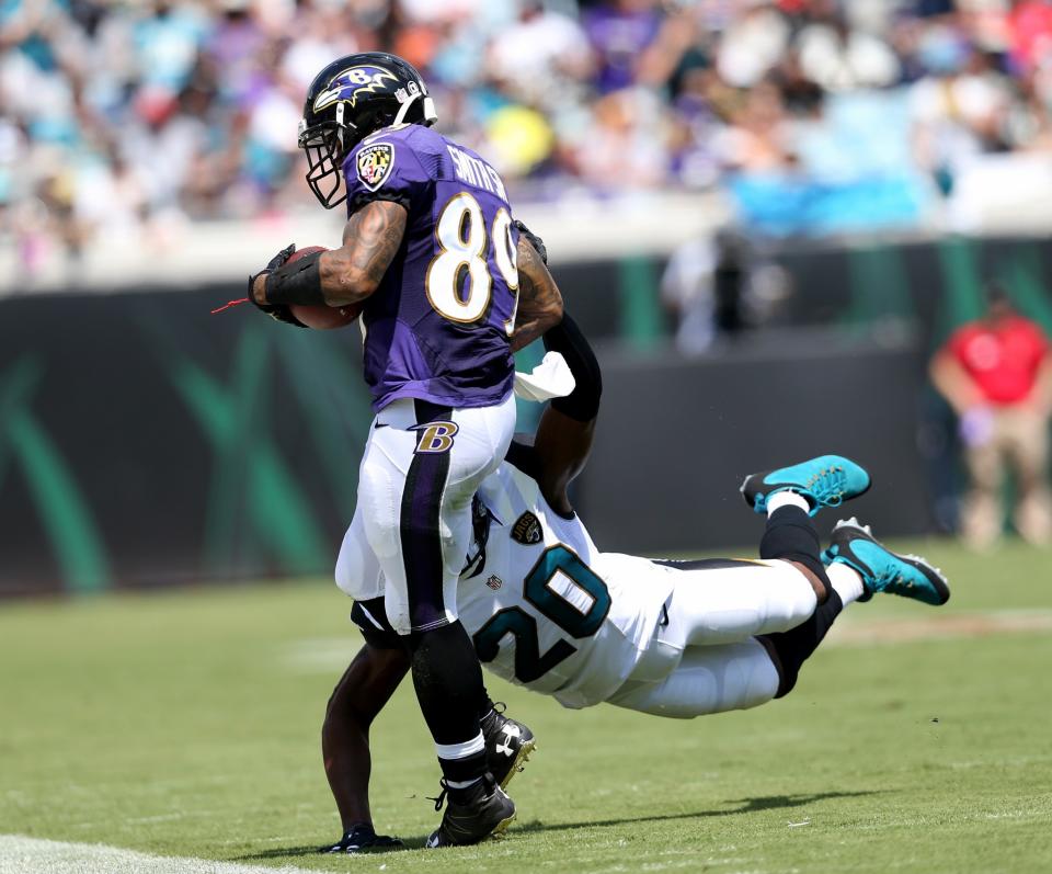 Steve Smith, left, and Jalen Ramsey, right, tangled a few times on Sunday (Getty Images).