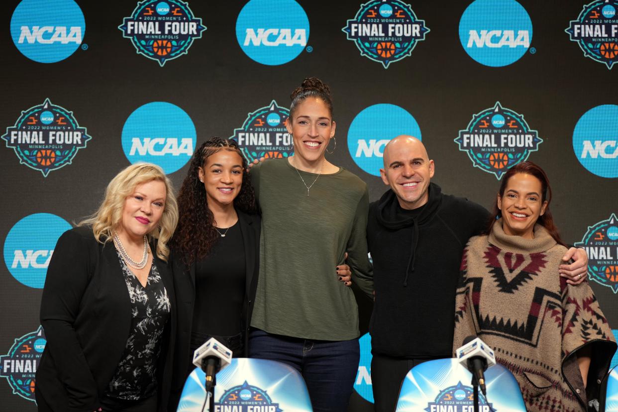 Mar 31, 2022; Minneapolis, MN, USA; From left: ESPN reporter Holly Rowe, sideline analyst Andraya Carter, analyst Rebecca Lobo, play-by-play commentator Ryan Ruocco and studio host Elle Duncan pose during press conference at Target Center. Mandatory Credit: Kirby Lee-USA TODAY Sports