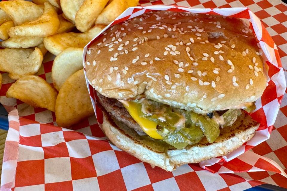 Vice Burger in Fort Worth serves burgers, all pea-based or wheat-based, hot dogs, chili dogs and brats with toppings such as Hatch green chiles (shown).