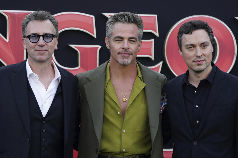 Jonathan Goldstein, from left, John Francis Daley and Chris Pine arrive at the Los Angeles premiere of 