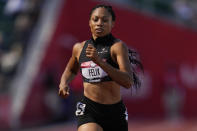 Allyson Felix win the first heat of the women's 400-meter run at the U.S. Olympic Track and Field Trials Friday, June 18, 2021, in Eugene, Ore.(AP Photo/Ashley Landis)