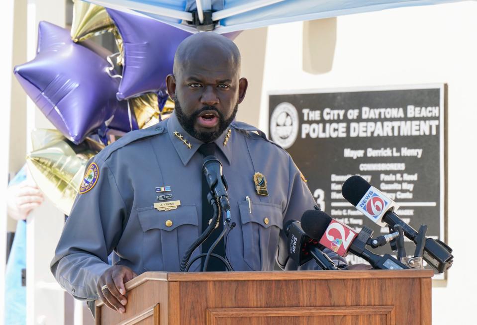 Daytona Beach Police Chief Jakari Young addresses attendees at the opening of a new police substation on Grandview Avenue, just north of Seabreeze Boulevard, on Friday, Sept. 1.