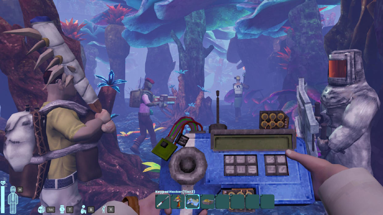  Abiotic factor gameplay showing hazmat suited scientists and assorted gizmos in purple environment. 