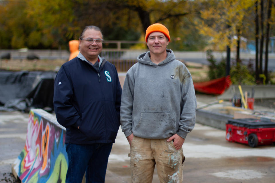Michael Collins, left, and Scott Koerner, right, joined forces two years ago after being approached by Warm Springs youth to create a new park for the community. Both Collins and Koerner wanted to create a park that the community would want and use for years to come. Photo taken Nov. 1, 2022 by Jarrette Werk (Underscore News/Report for America)