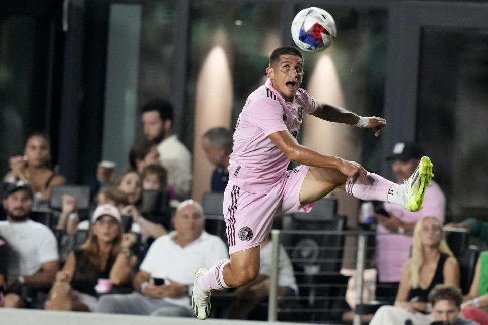 Inter Miami forward Nicolás Stefanelli runs with the ball during the second half of an MLS soccer match against Austin FC, Saturday, July 1, 2023, in Fort Lauderdale, Fla. (AP Photo/Lynne Sladky)