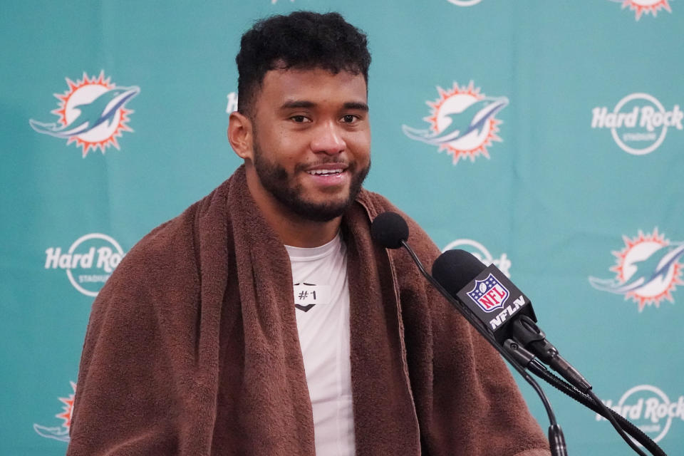 Miami Dolphins quarterback Tua Tagovailoa (1) talks during a post game news conference after an NFL football game against the Buffalo Bills, Sunday, Sept. 25, 2022, in Miami Gardens, Fla. The Dolphins defeated the Bills 21-19. (AP Photo/Wilfredo Lee )