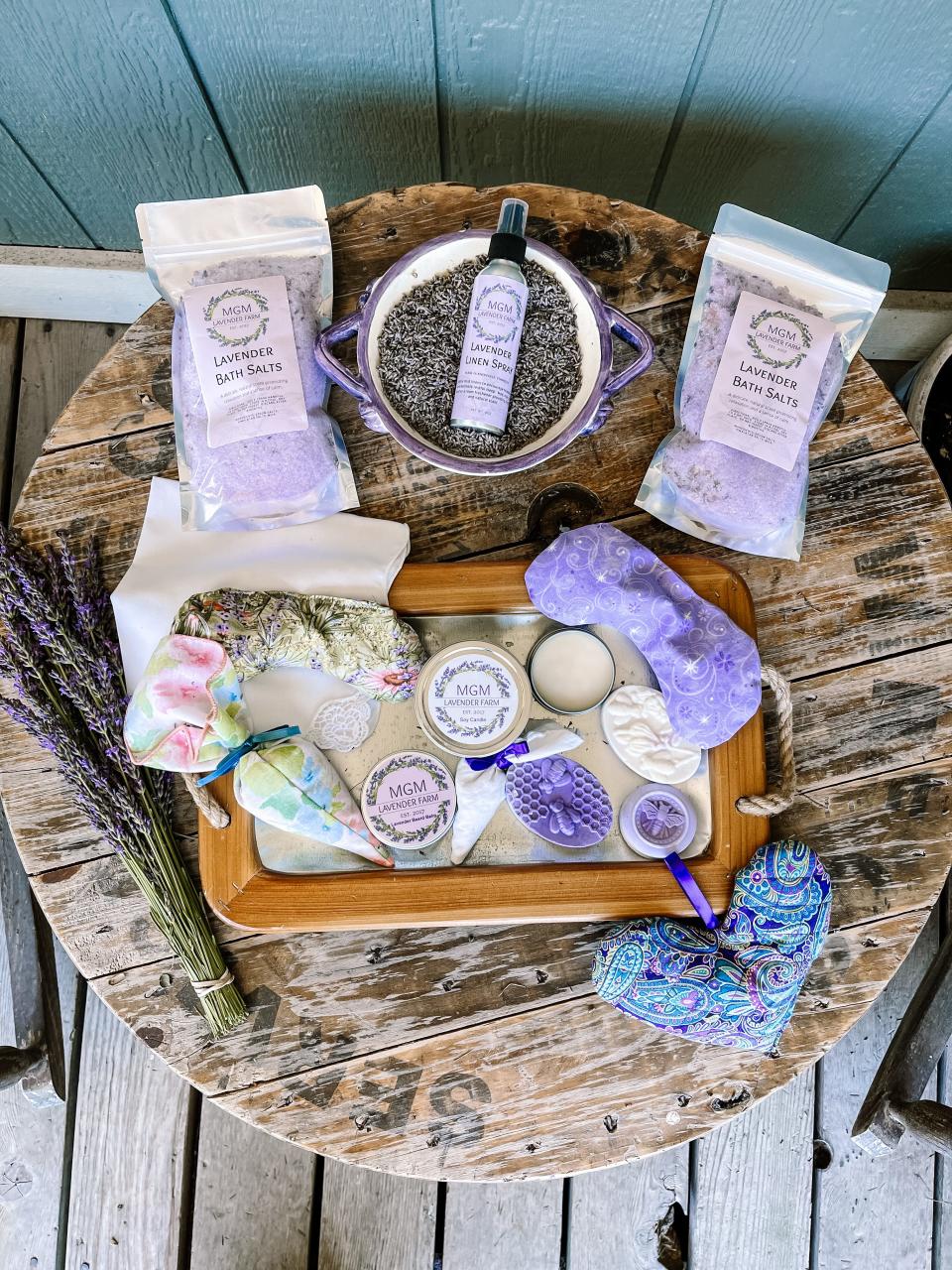 The lavender is sold by the bunch or used to make goat’s milk soap, linen spray, beard balm, skin salve, bath salts and to fill eye pillows. Recently MGM Lavender Farm added soy candles to their inventory, and they are dabbling with pet products. June 2022