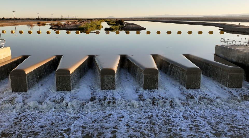 The New River diversion structure is pictured in the Species Conservation Habitat Project by the Salton Sea in Imperial County, Calif., on Wednesday, Dec. 13, 2023. The structure will divert New River water to basins where it can be mixed with water pumped from the Salton Sea, enabling control over salinity concentrations in the habitat’s ponds. The Species Conservation Habitat Project will turn over 4,000 acres of exposed lake bed into wetlands habitat for aquatic wildlife and migratory birds of the Pacific Flyway, as part of a 10-year plan to restore 30,000 acres around the Salton Sea. | Kristin Murphy, Deseret News