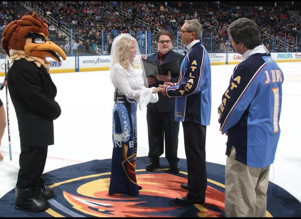 Atlanta Thrashers season-ticket holders David and Cindy Pritchard are married on the ice during the first intermission of the game between the Thrashers and the Boston Bruins at Philips Arena on Dec. 30. 