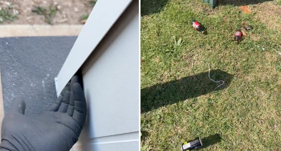 A photo of Zeher Khalil being able to fit his hand in a gap of one of the outside panels of the Melbourne home. A photo of empty alcohol bottles outside the house.