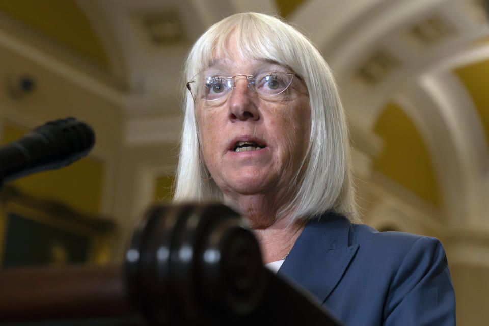 Sen. Patty Murray, D-Wash., speaks during a media availability on Capitol Hill, Tuesday, Sept. 12, 2023 in Washington. (AP Photo/Mark Schiefelbein)