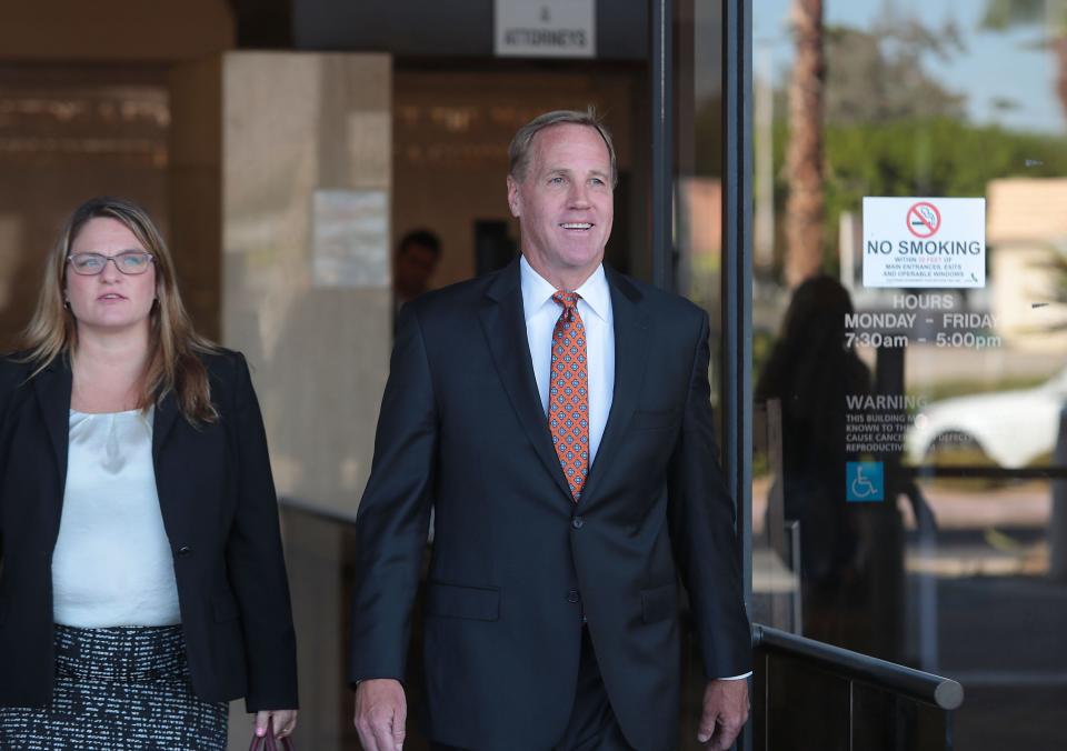 Former Palm Springs Mayor Steve Pougnet exits the Larson Justice Center in Indio, Sept. 12, 2019.