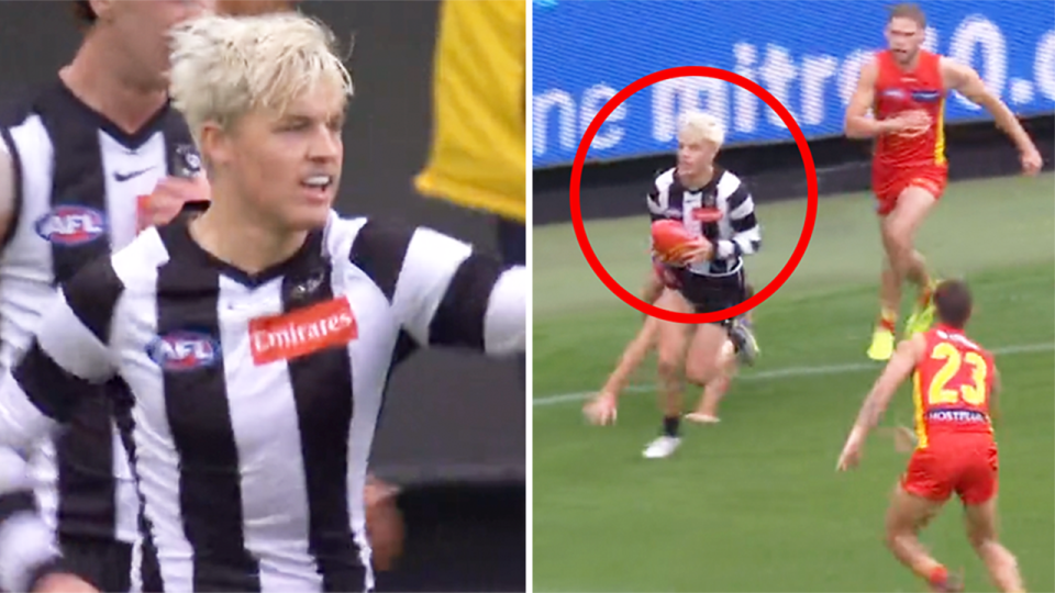 Collingwood AFL star Jack Ginnivan (pictured left) celebrating with teammates and (pictured right) scoring a goal.