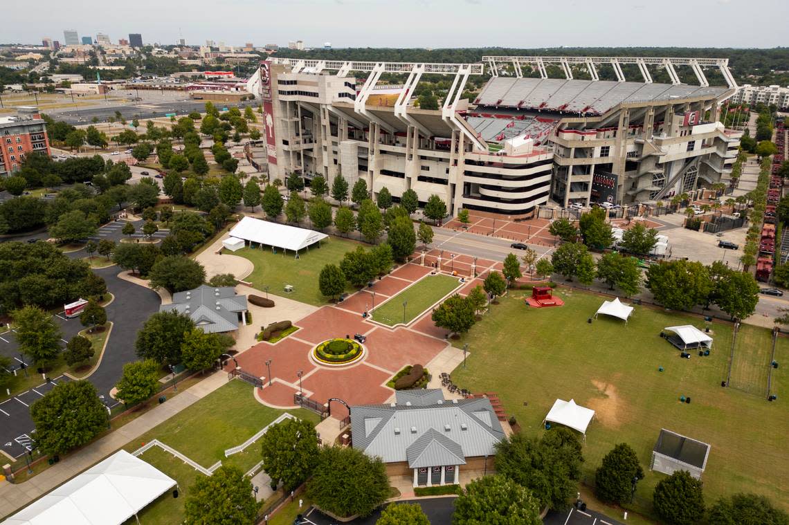 ESPN’s College GameDay sets up production tents and stages near the University of South Carolina’s Williams-Brice Stadium on Thursday, September 12, 2024.