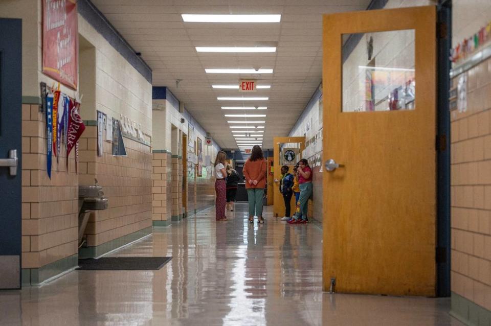 Students wait in a hallway at Eugene Ware Elementary School on Tuesday, April 16, 2024, in Kansas City, Kansas.