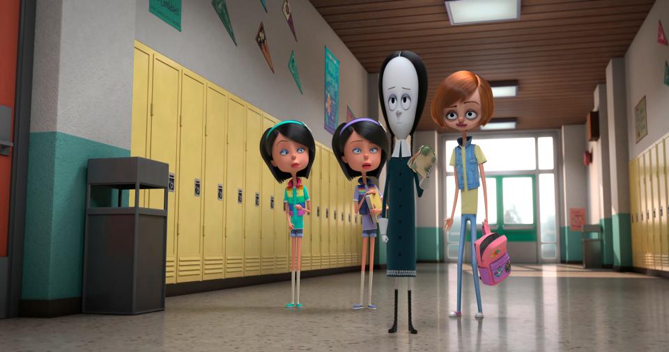 Wednesday Addams (voiced by Chloe Grace Moretz, center) makes an impression on her first day of school in 