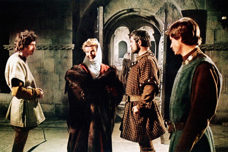 THE LION IN WINTER, from left: Nigel Terry, Katharine Hepburn as Eleanor of Aquitaine, Anthony Hopkins as Richard the Lionhearted