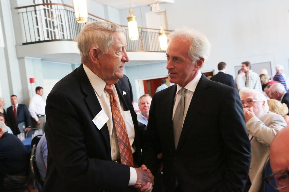 Senator Bob Corker, left, shakes hands with Waymon Hickman during a special joint meeting between  Kiwanis Club of Columbia and Noon Rotary at the Maury County Memorial Building in Columbia, Tenn., on Friday, Aug. 18, 2017.