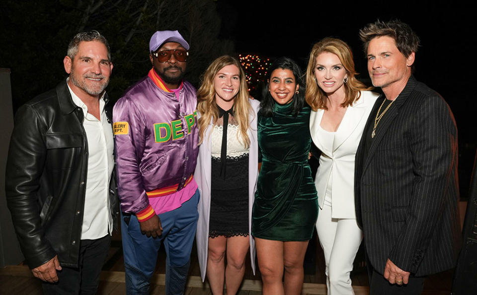 Grant Cardone, Will.i.am, Meredith Perry, Sampriti Bhattacharyya, Elena Cardone and Rob Lowe during the Haute Living Celebrates Rob Lowe Together at 10X Grant and Elena Cardone's Private Malibu Estate with artist Johnathan Schultz and Navier on April 24, 2023 in Malibu, California.