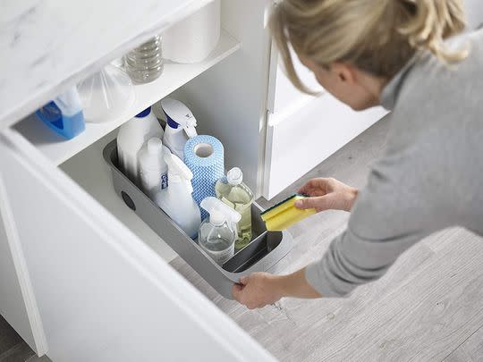 This wheeled storage caddy gives you easy access to your cleaning products