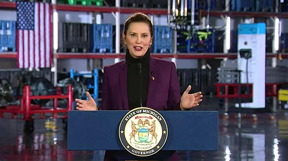 In this frame capture from the video feed, Michigan Gov. Gretchen Whitmer delivers her 2022 State of the State address by live video from Detroit Diesel in Redford Township on Jan. 26, 2022.