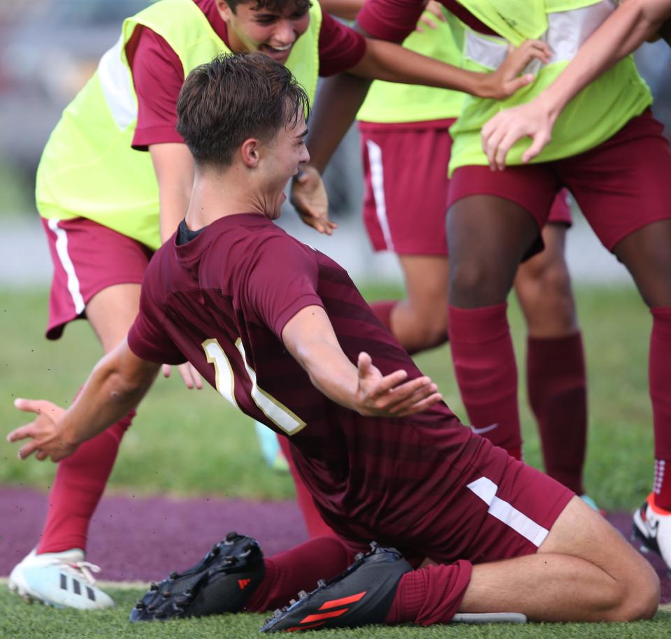 Arlington's Robert Sherman celebrates his goal against John Jay during a Sept. 13, 2023 boys soccer game.