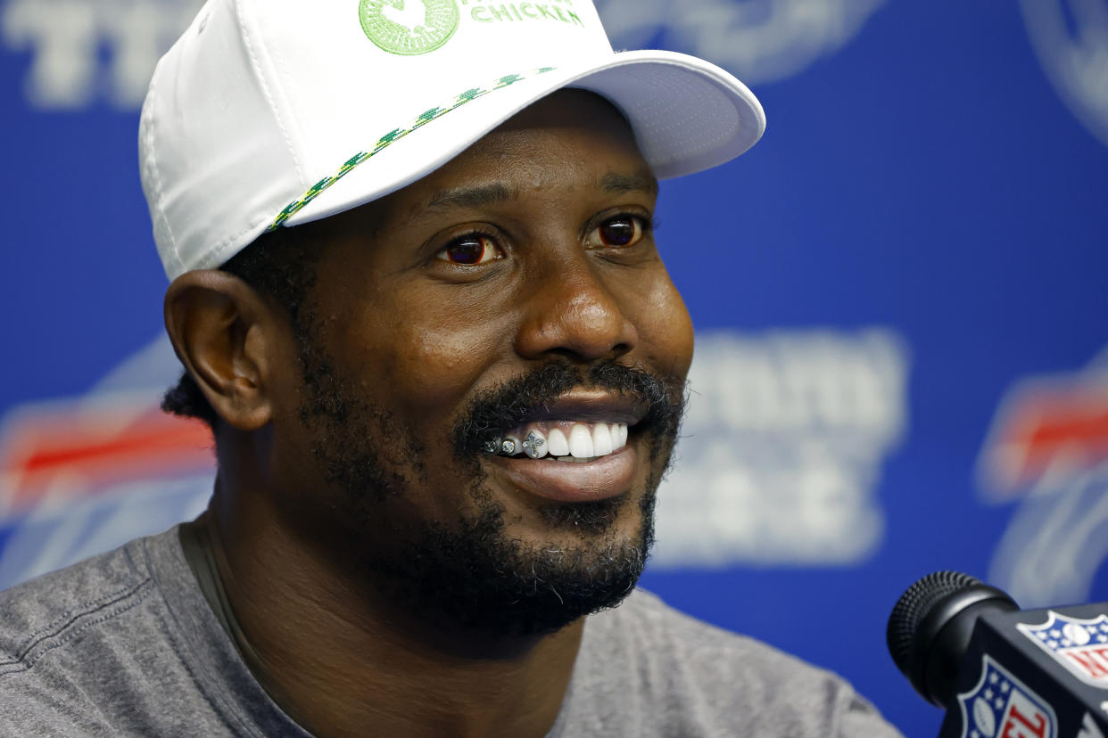 Buffalo Bills linebacker Von Miller (40) addresses the media following an NFL football practice in Orchard Park, N.Y., Tuesday May 23, 2023. (AP/ Photo Jeffrey T. Barnes)