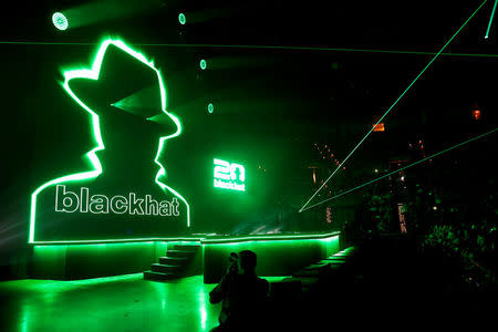 The Black Hat logo is displayed before a keynote address during the Black Hat information security conference in Las Vegas, Nevada, U.S. July 26, 2017. REUTERS/Steve Marcus