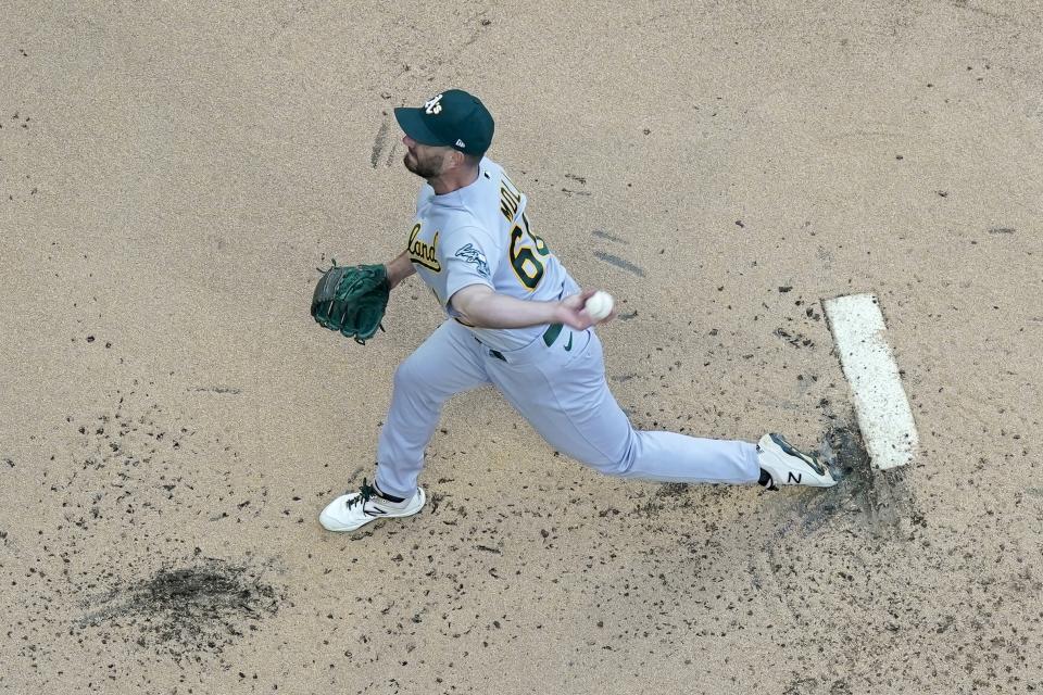 Oakland Athletics starting pitcher Sam Moll throws during the first inning of a baseball game against the Milwaukee Brewers Friday, June 9, 2023, in Milwaukee. (AP Photo/Morry Gash)