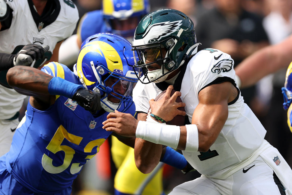 Jalen Hurts (1) and the Eagles held off the Rams on Sunday at SoFi Stadium. (Photo by Harry How/Getty Images)