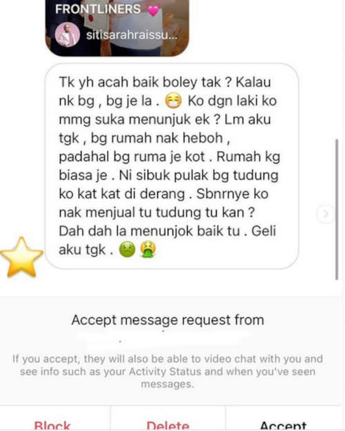 Siti Sarah shared the private message on her Instagram