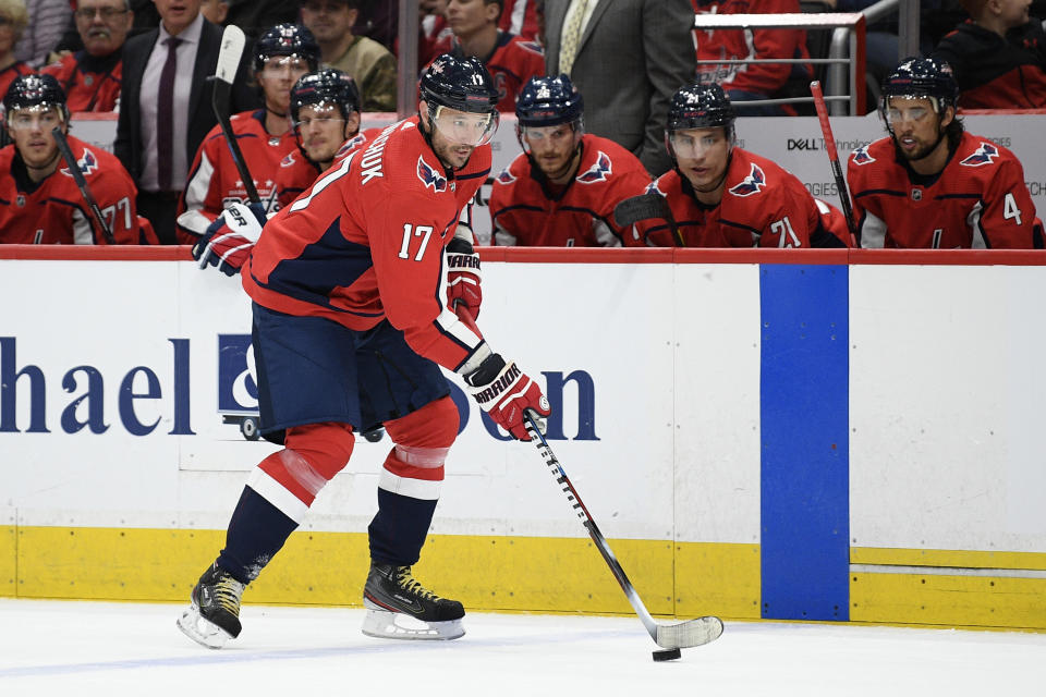 Washington Capitals left wing Ilya Kovalchuk, of Russia, skates with the puck during the first period of the team's NHL hockey game against the Winnipeg Jets, Tuesday, Feb. 25, 2020, in Washington. (AP Photo/Nick Wass)