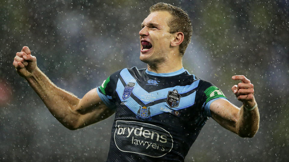 Tom Trbojevic of the Blues celebrates a try during game two of the 2019 State of Origin series. (Photo by Will Russell/Getty Images)