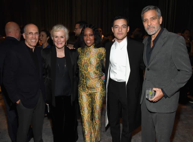 CENTURY CITY, CA - FEBRUARY 23: (L-R) Jeffrey Katzenberg, Glenn Close, Regina King, Rami Malek, and George Clooney attend MPTF's 'The Night Before' The Oscars at Fox Studio Lot on February 23, 2019 in Century City, California. (Photo by Kevin Mazur/Getty Images for MPTF) *** Local Caption *** Jeffrey Katzenberg;Glenn Close;Regina King;Rami Malek;George Clooney