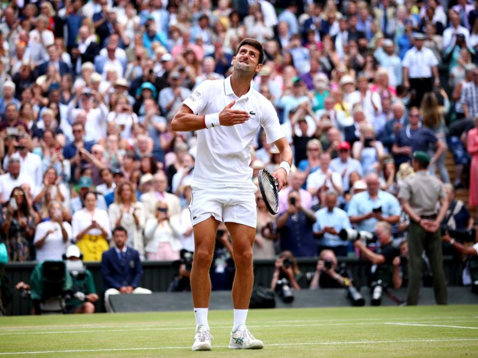 Novak Djokovic triumphed in a five-seat, five-hour epic over Roger Federer after a thrilling Champions tie-break. The Serb prevailed 7-6 (7-5), 1-6, 7-6 (7-4), 4-6, 13-12 (7-3) and saved two Championship points in a back-and-forth contest on Centre Court. Djokovic now moves to 16 Grand Slams, and is only four away from Federer's all-time record of 20. Please allow a moment for updates to load
