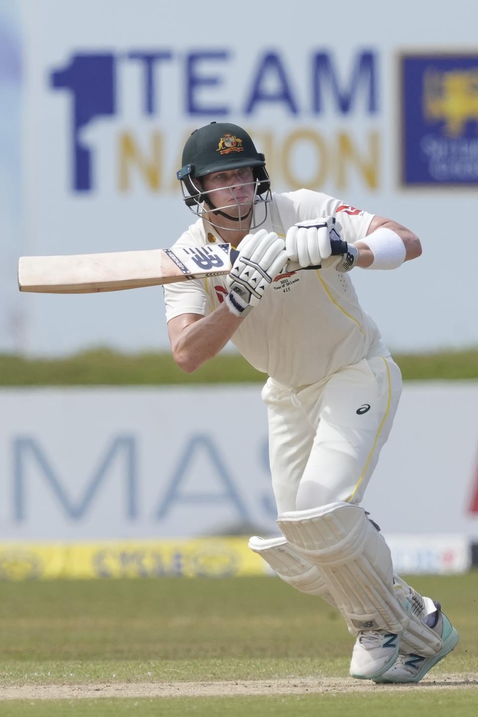 Australia's Steven Smith plays a shot during the second day of the second test cricket match between Australia and Sri Lanka in Galle, Sri Lanka, Saturday, July 9, 2022. (AP Photo/Eranga Jayawardena)