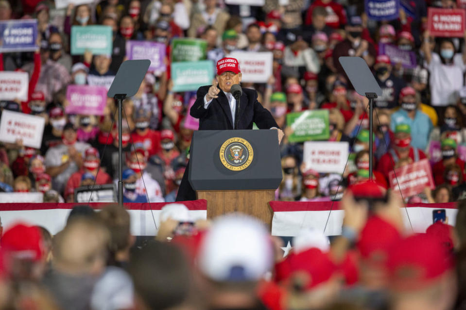 US President Donald Trump speaks during a campaign rally in Iowa on Wednesday. 