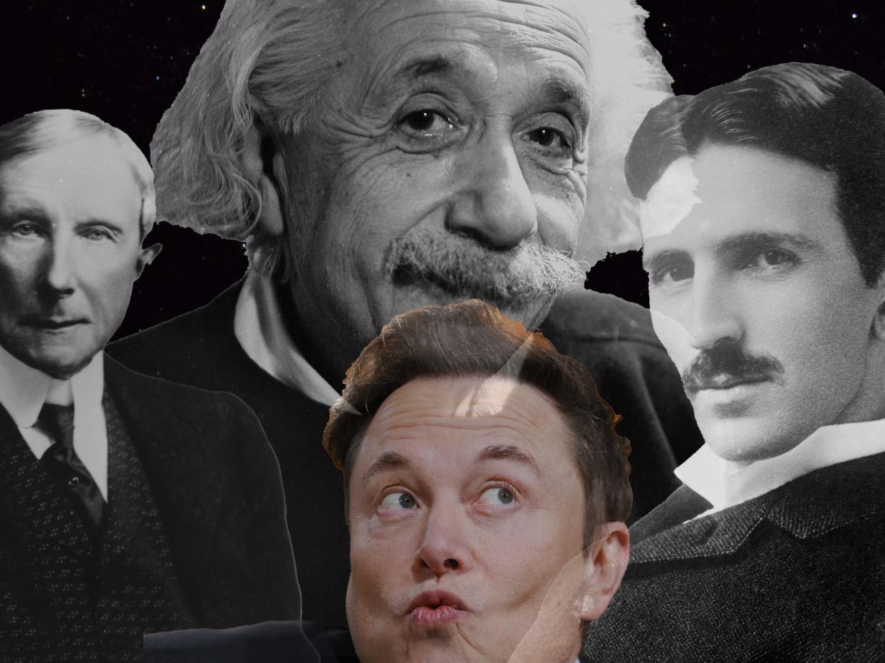 Collage of Elon Musk with Albert Einstein, Nikola Tesla, and John Rockefeller.